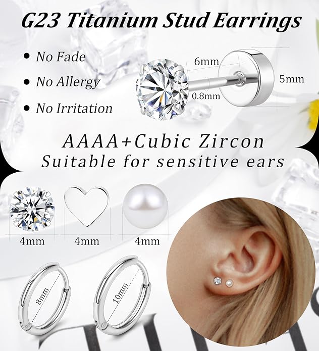 MJust Titanium Earrings for Sensitive Ears 20G Hypoallergenic Stud Hoop Earrings for Women Men Opal Ball CZ Heart Pearl Flat Back Earrings Cartilage Earrings Set