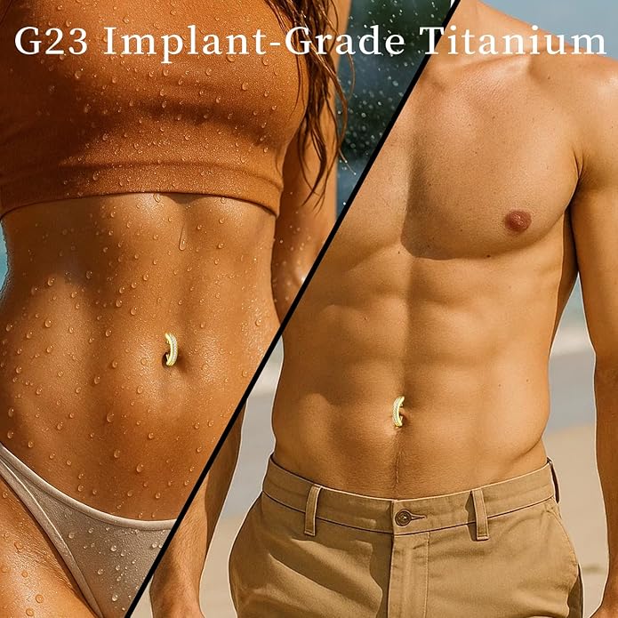2-Piece Moissanite Belly Ring Set, Hypoallergenic Titanium Clicker with 14K Gold Plating - 10mm & 12mm Simple Reverse Navel Piercing Jewelry for Women, Men & Sensitive Skin
