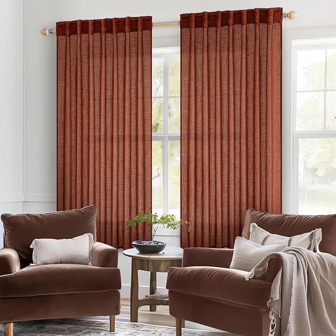 MIULEE Burnt Orange Linen Curtains 54 Inch Length 2 Panels for Bedroom Living Room, Soft Thick Linen Textured Short Window Drapes Semi Sheer Light Filtering Back Tab Burlap Look Fall Decorations
