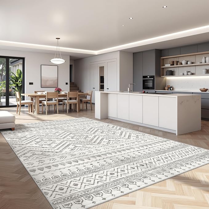 Miukiki 7x9 Area Rug for Living Room Moroccan Washable Rugs Non Slip Indoor Floor Carpet Foldable Large Soft Area Rug for Dining Room Bedroom with Low Pile(Grey,7'x9')