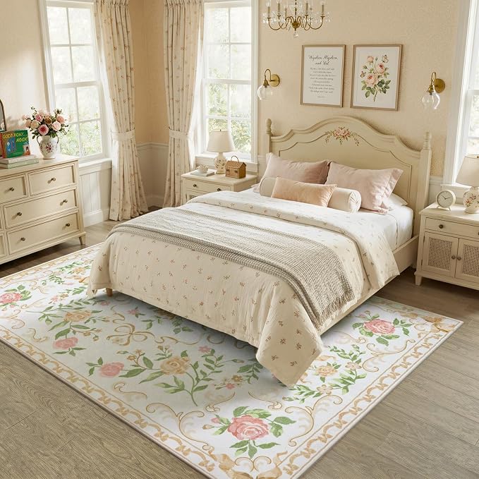 Collive Floral Rugs for Girls, 5x7 Boho Gold Bow Washable Area Rug for Living Room, Cute Ultra-Thin Non Slip Indoor Decor Carpet for Nursery Kids Room Bedroom Playroom