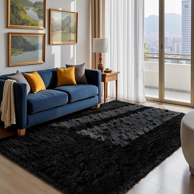 Fluffy Rug Shag Area Rug, Black 4x6 Area Rugs for Bedroom, Small Bedside Rug, Soft Fluffy Shag Entryway Throw Rugs for Living Room Bedroom Room Home Decor