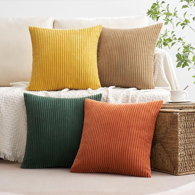 MIULEE Pack of 4 Green-Rust Corduroy Decorative Throw Pillow Covers 18x18 Inch Soft Boho Striped Pillow Covers Modern Farmhouse Fall Home Decor for Winter Sofa Living Room Couch Bed