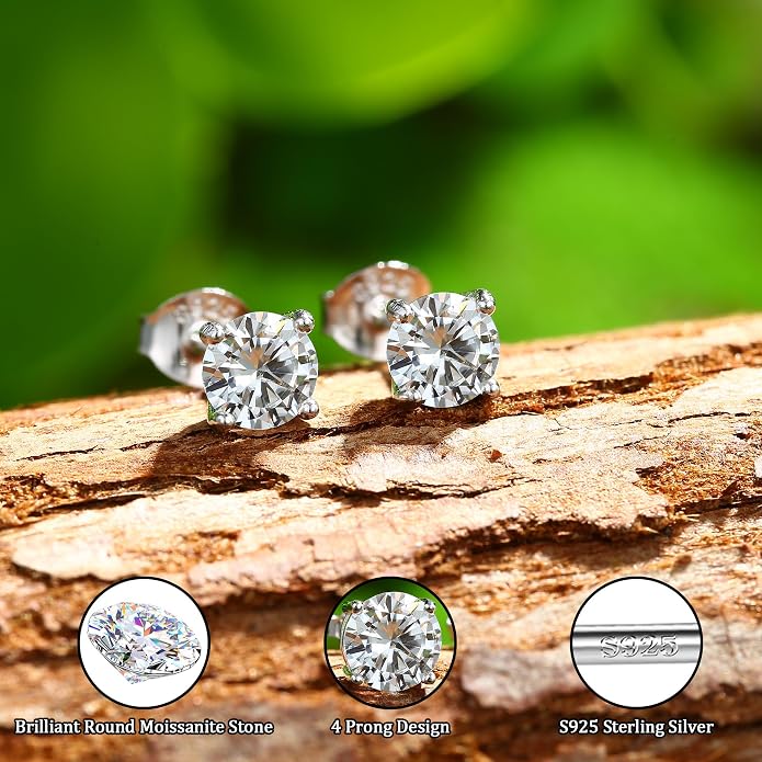 Moissanite Stud Earrings : 18K White Gold Plated Solid 925 Sterling Silver Earring Hypoallergenic Dainty Flat Back Stud Earrings Jewelry for Women Men D Color VVS1 Clarity