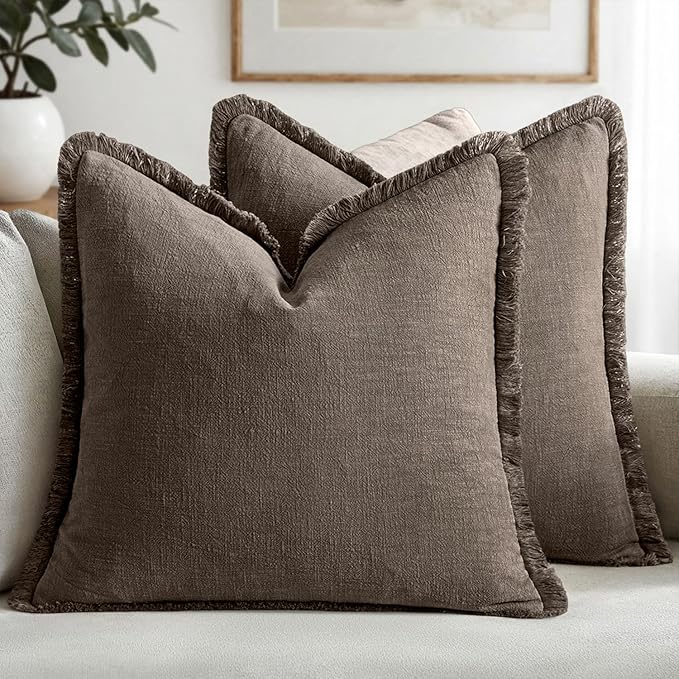 MIULEE Decorative Throw Pillow Covers Neutral Linen Fringe Throw Pillows Euro Shams Set of 2 Natural Coffee Boho Farmhouse Cushion Covers for Couch Sofa Bed Living Room Fall Home Decor 26x26 Inch
