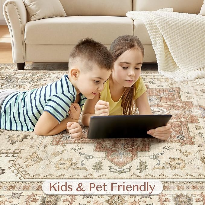 Tortania Area Rug Living Room Rugs - 8x10 Washable Boho Rug Vintage Oriental Distressed Farmhouse Large Thin Indoor Carpet for Living Room Bedroom Under Dining Table Home Office - Rust/Cream
