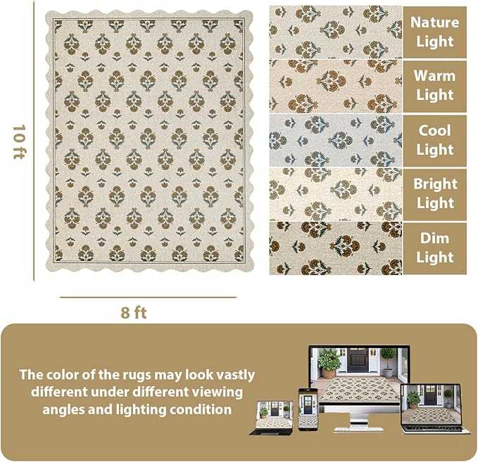 ORTIGIA Scalloped Easy Jute 8x10 Area Rug Vintage Yellow Block Floral Farmhouse Washable Rug Non-Slip Indoor Outdoor Carpet for Living Room Bedroom Patio Entryway