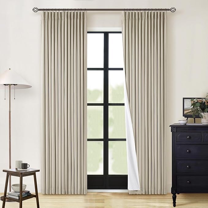 Neutral Pinch Pleated Linen Blackout Curtains 84 Inch Length 2 Panels Insulated Thermal Full Blackout Dual Layer Drapes for Bedroom Living Room Darkening Taupe Pinch Pleat Curtains with Hooks Rings