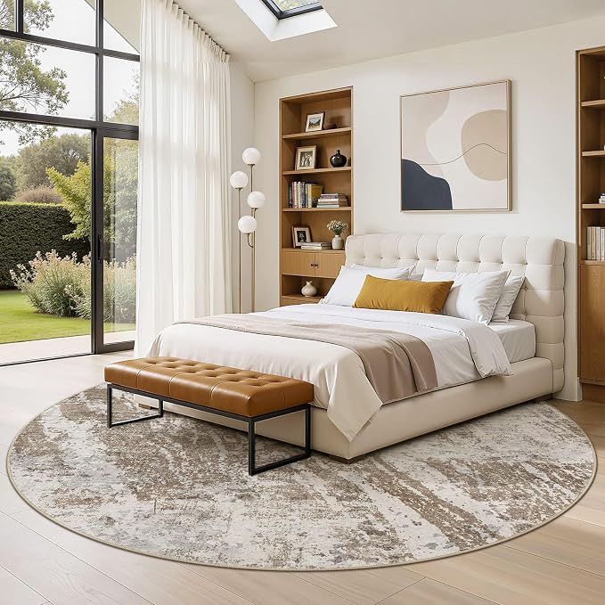 DMOYEST 6ft Round Washable Area Rug for Living Room: Modern Abstract Neutral Circle Carpet, 6x6 Soft Low Pile Non-Slip Floor Mat for Bedroom Under Dining Table, Kids & Pet - Brown