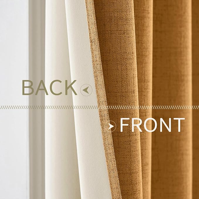 MIULEE 100% Blackout Linen Textured Curtains for Bedroom Solid Thermal Insulated Mustard Yellow Grommet Room Darkening Curtains & Drapes Luxury Decor for Living Room 52 x 72 Inch (2 Panels)