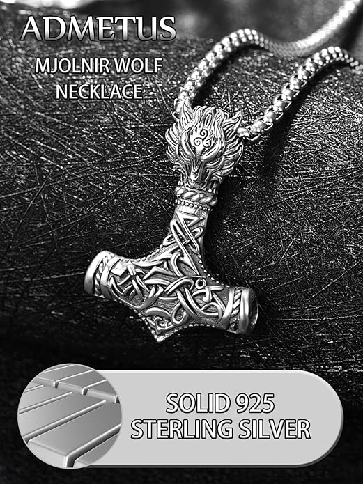 ADMETUS 925 Sterling Silver Thor Hammer Necklace Viking Mjolnir Pendant Jewelry Gifts for Men with 2.5mm 22"+2" Rolo Chain