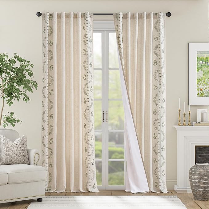 jinchan Floral Lined Linen Curtains 96 Inch Rod Pocket 2 Panels Sage Green | Embroidered curtains,privacy lining,boho curtains,light filtering,living room,bedroom,flower patterned,window treatment