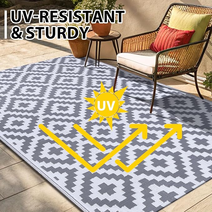 Smiry Waterproof Outdoor Rug 9x12 ft, Reversible Plastic Straw Patio Camping Rugs, Outdoor Indoor RV Mat Carpet for Patio, Outside Entry, Backyard, Deck, Bench, Picnic, Camper, White & Grey