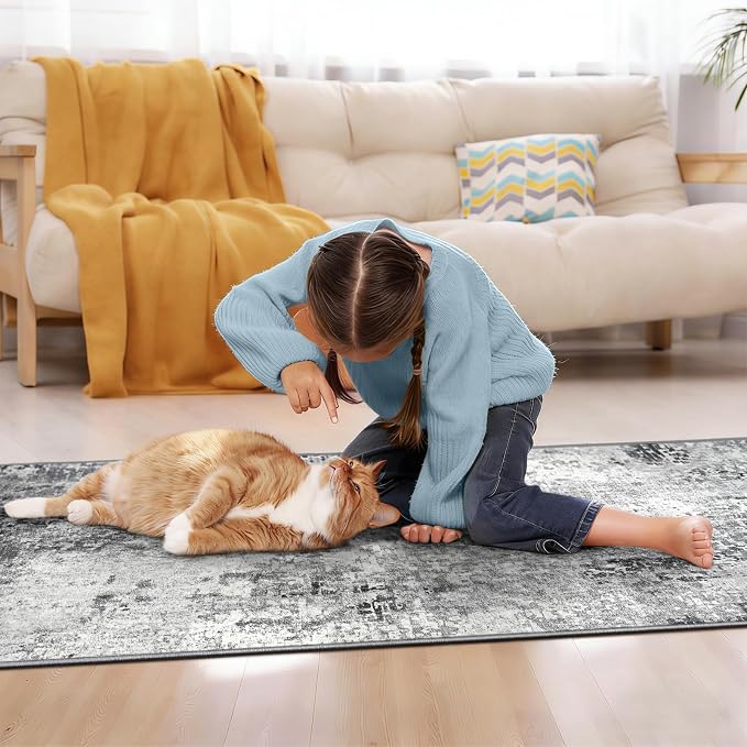 2x10 Grey Rug Runners for Hallways Kitchen Runner Rug Non Slip Washable Black Long Runner Rugs with Rubber Backing Soft Abstract Carpet Runner for Bedroom, Kitchen, Bathroom, Entryway
