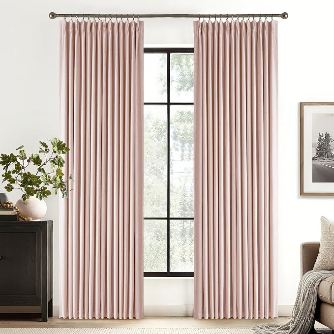 RYB HOME Pink Blackout Pinch Pleated Linen Curtains, 100% Blackout Thermal Insulated Textured Neutral Curtains for Girls Baby Kids Room, 40" W x L84 L, 2 Panels Set