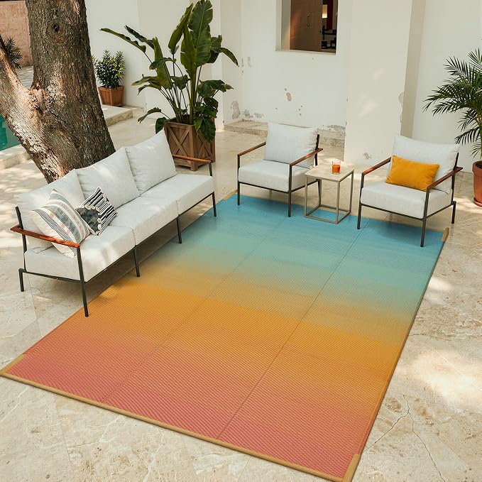 Lahome Extra Large Outdoor Rug 8x10 Patio Waterproof,Reversible Camping Rugs Plastic Straw Rv Mats for Outside Under Awning,Portable Lightweight Carpet for Backyard, Blue-Orange 8x10