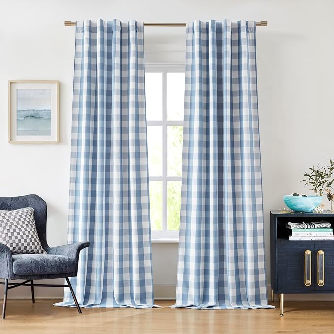 95 Inch Blackout Curtains for Farmhouse Bedroom Living Room | Buffalo Plaid Dusty Blue White Drapes,Thermal Insulated Noise Reducing Window Treatment,Back Tabs Rod Pocket,40"Wx95"Lx2