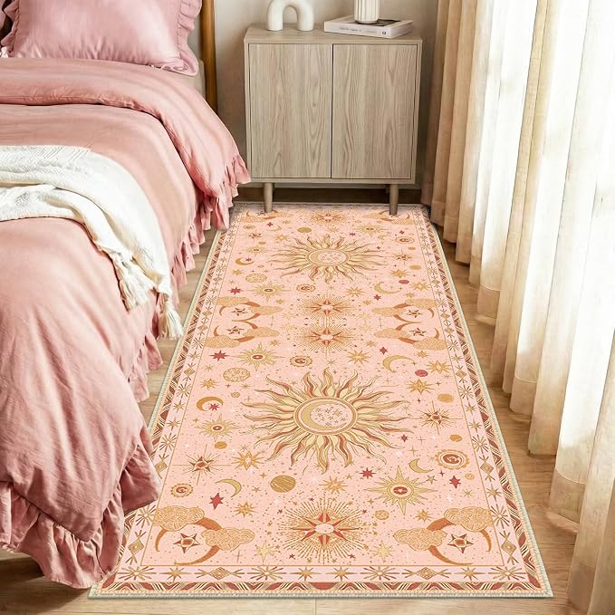 Vacuum-Friendly, 2x6 Washable Area Rug, Pink Gold Beige Red | Sun and Moon Boho Gothic Non-Slip Low Pile Living Roon Bedroom Dining Room Kitchen Entry Entryway Entrance Hallway Doormat