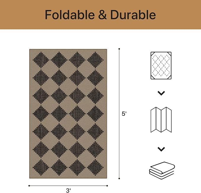 GENIMO Indoor Outdoor Area Rug 3'x5', Checkered Easy Jute Rug Machine Washable, Easy-Cleaning, Non Slip Geometric Outdoor Carpet for Patio, Living Room, Entryway, Backyard, Porch, Deck, Balcony