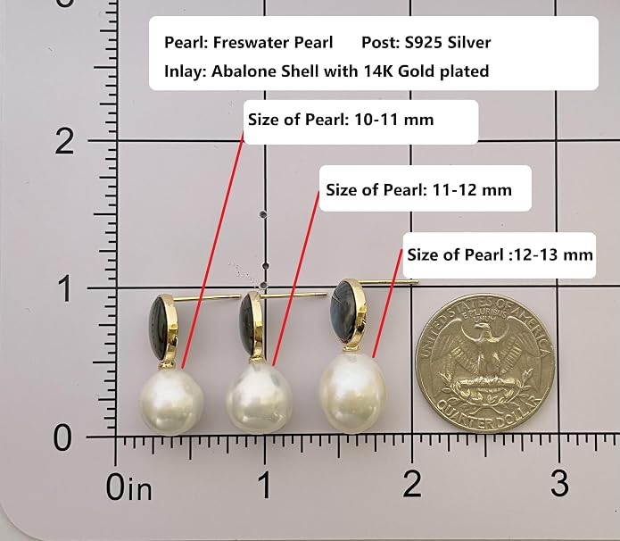 Baroque Pearl Earrings Drop Dangle water droplet shaped Abalone Shell Freshwater Pearl Stud for Women 14K Gold plated Jewelry wedding earrings birthday Gift 11-12mm