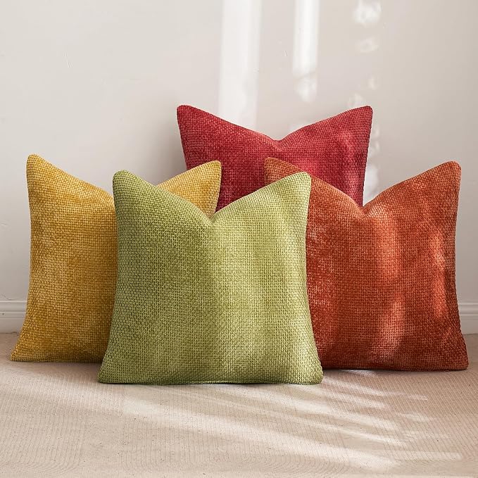 MIULEE Pack of 4 Burnt Orange Couch Throw Pillow Covers 20x20 Inch Yellow Green Soft Decorative Chenille Pillows Farmhouse Accent Cushions for Boho Fall Home Decor Sofa Bedroom Living Room