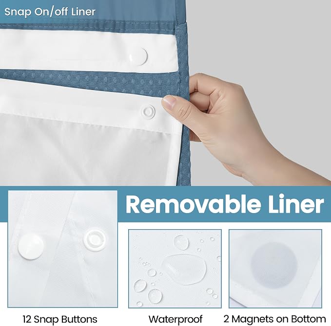 EUTXL Heavyweight Moonlight Blue Stall No Hook Shower Curtain with Snap in Liner,256GSM Waffle Weave Shower Curtains for Bathroom,54W x 80H