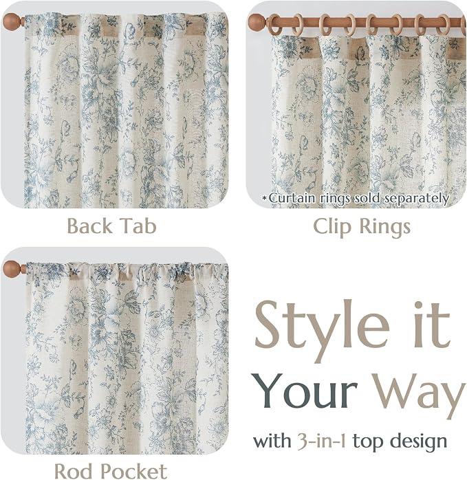 jinchan Blue Floral Linen Curtains 84 Inch Farmhouse Back Tab 2 Panels | Light filtering drapes, semi sheer, farmhouse, cottagecore, rustic, living room, bedroom, rod pocket, window treatment