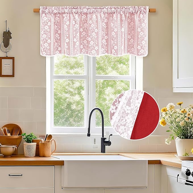 ASPMIZ Linen Valance Curtains Double Layers Window Curtains with Linen Lace, Farmhouse Kitchen Curtain Valance Light Filtering Cafe Curtain 18 Inch Window Treatment Rod Pocket for Bathroom, 52x18 Red