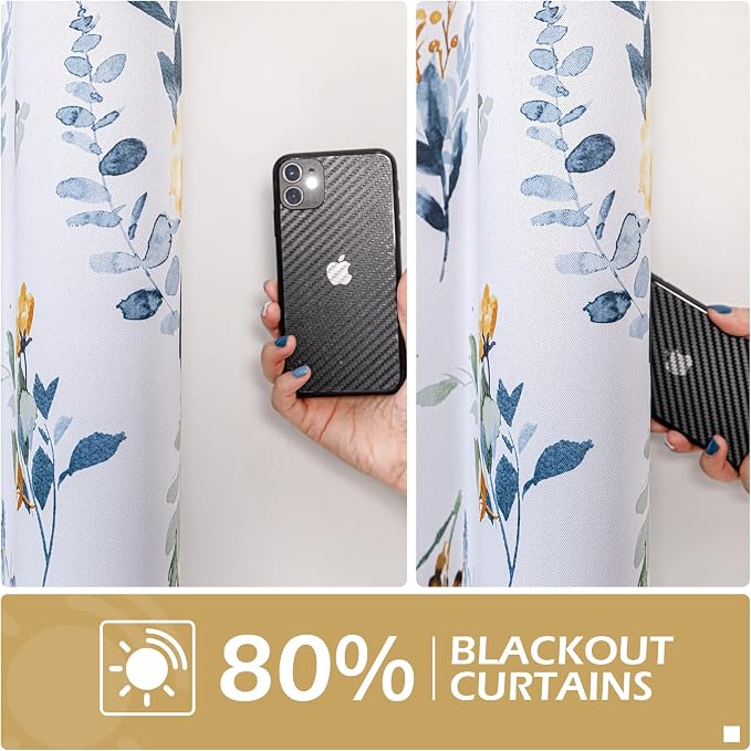 MYSKY HOME Kitchen Curtains 54 inch Long Floral Blackout Curtains Thermal Insulated Room Darkening Curtains Grommet Top 2 Panels for Bedroom Bathroom Dormer Window, Yellow and Blue
