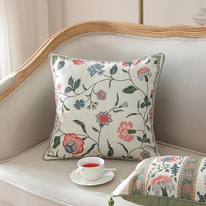 ISAENNE Designer Linen Throw Pillow Cover,Set of 2,18"x18"-Estevan A | Vintage French Elegant Square Pillow Cover,Concealed Zipper Design,Floral Pattern,Sofa,Bedroom,Living Room,Lounge Chairs