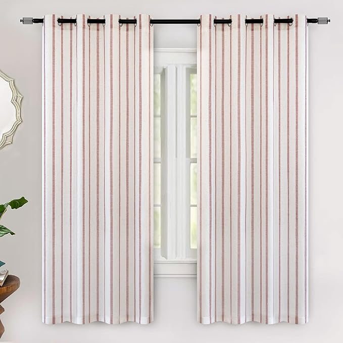 DriftAway Farmhouse Linen Stripe Blackout Curtains, W52xL63, Red | Blackout, Linen Texture, Stripe Pattern, Rod Pocket & Back Tab, Two Layers, Bedroom Living Room Use, Sound Reducing Design