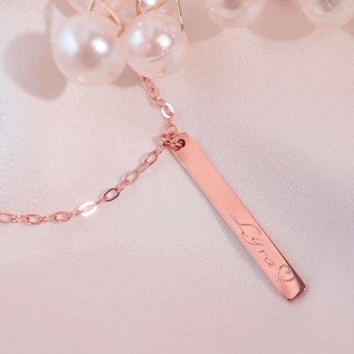 Personalized Vertical Bar Name Necklace, Custom Engraved His and Hers Couples Pendant in Old English Cursive or Block Script, 16K Gold Silver Plated Stainless Steel, Anniversary Birthday Gift