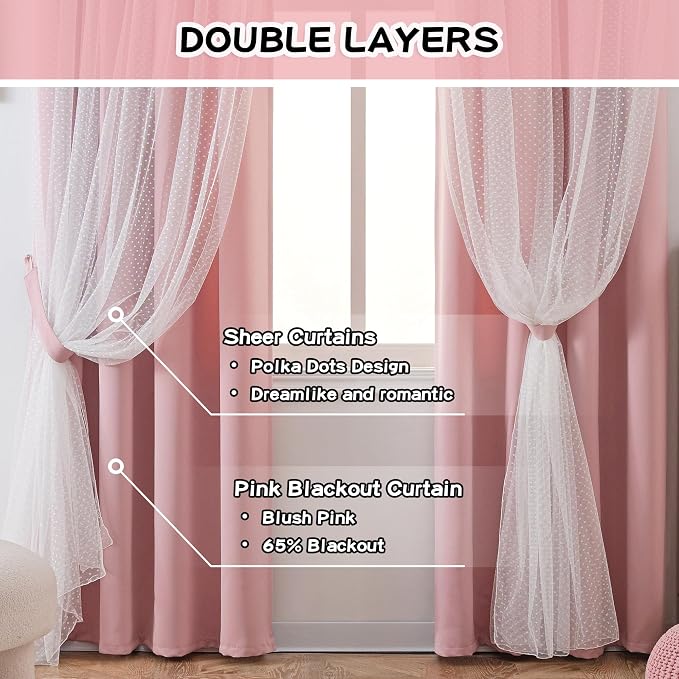 MYSKY HOME Pink Curtains for Girls Bedroom & Nursery Kids Blackout Blush Princess Curtains 72 inch Long Double Layer with Polka Dots Sheer, Grommet Tops, 52" Wide, 2 Panels