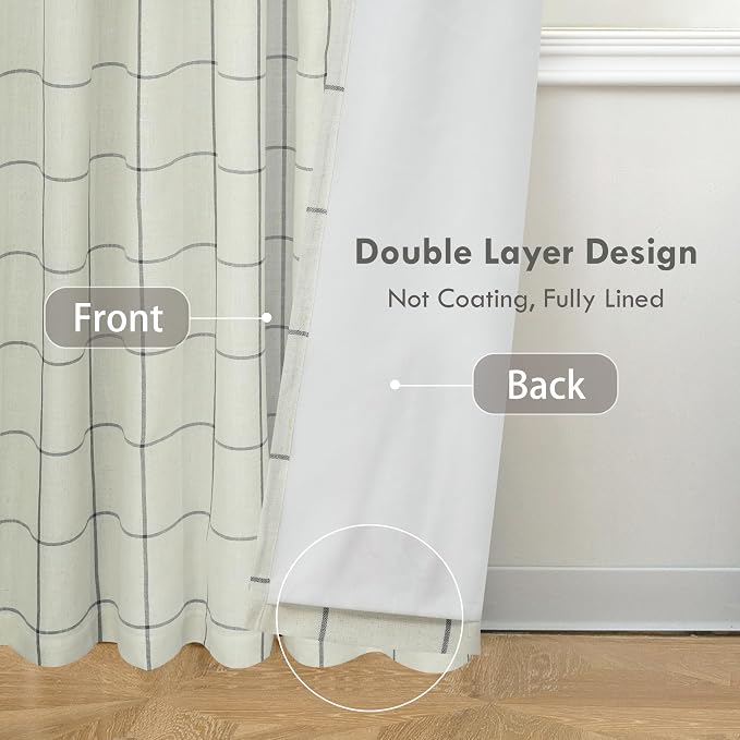 DriftAway 100% Blackout Windowpane Plaid Linen Curtains 36 Inches Black | Double Layer Farmhouse Drapes for Living Room Bedroom Yarn Dyed Woven Thermal Insulated Rod Pocket Back Tab 2 Panels