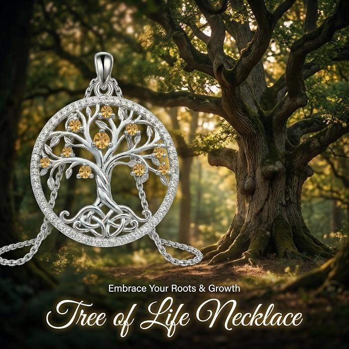ONEFINITY Tree of Life Necklace 18k White Gold Plated Tree of Life Birthstone Pendant Necklace Birthstone Jewelry Anniversary Birthday Gifts for Women Men