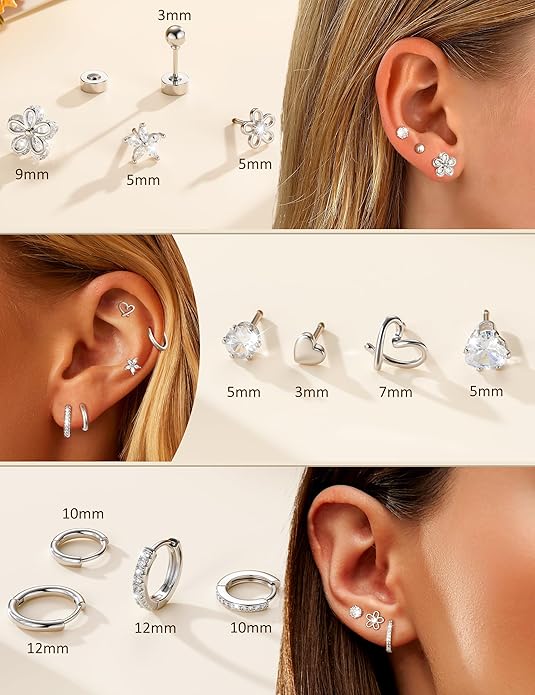 Hypoallergenic Gold Stud Earrings for Women - 14k Gold Plated Surgical Stainless Steel Flat back Earrings Set Small Huggie Hoop Flatback Earring for Sensitive Ears Screw Back Cartilage Piercing Jewelry