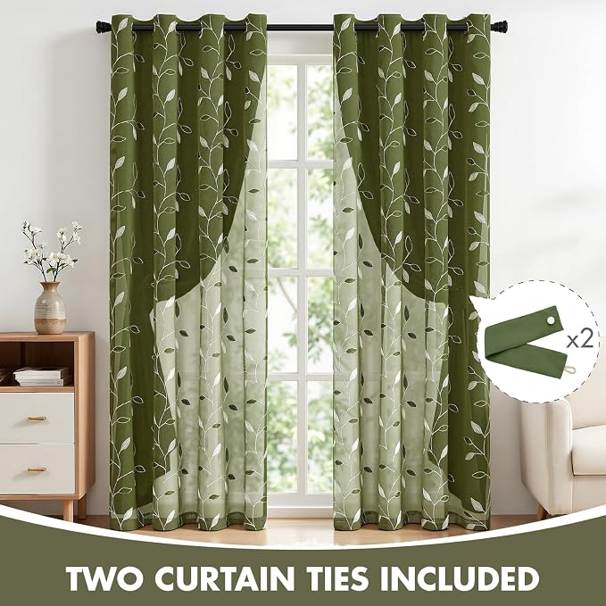 MIULEE Olive Green Double Layer Curtains 96 Inches Long, Leaf Patterned Sheer Floral Drapes and Blackout Room Darkening Window Curtains for Living Room Bedroom, Grommets Top, 52" W x 96" L, 2 Panels