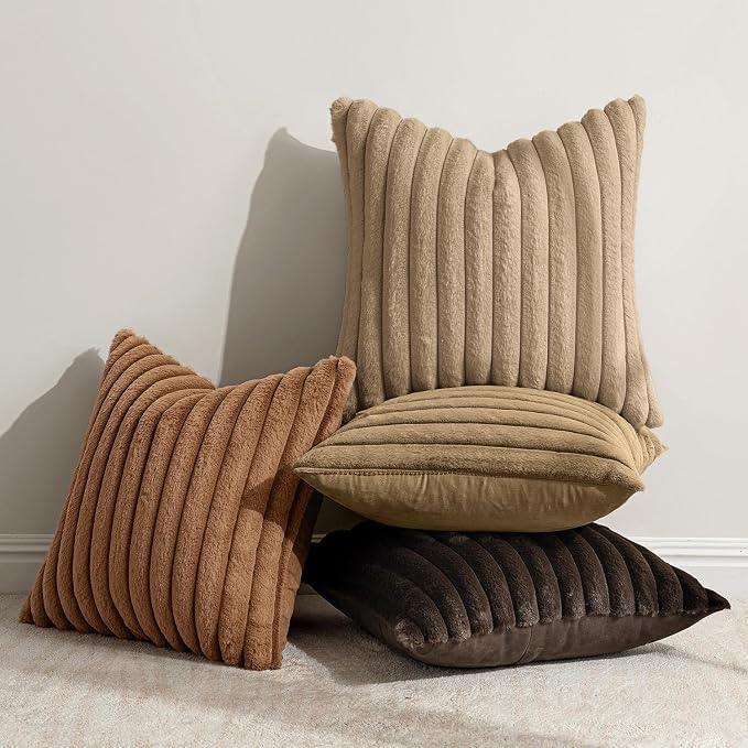 MIULEE Faux Fur Plush Decorative Throw Pillow Covers 20x20 Set of 4, Boho Fall Farmhouse Soft Fuzzy Striped Cushion Covers for Sofa Couch Bed Living Room Vintage Rustic Home Decor,Dark Brown