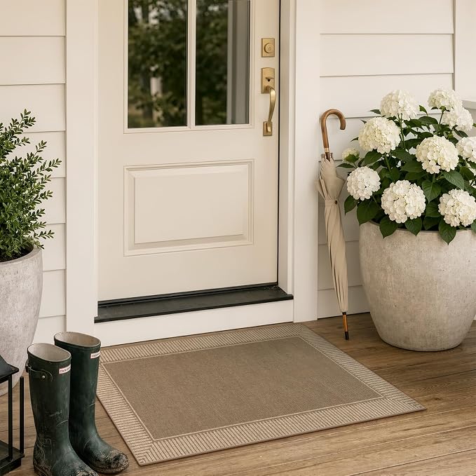 Moynesa Easy Jute Front Door 2x3 Rug, Brown Striped Border Kitchen Mat Non Slip Washable Entryway Throw Rugs, Indoor Outdoor Farmhouse Neutral Doormat Carpets for Bathroom Doorway Porch Foyer