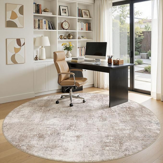 8ft Round Area Rugs for Living Room, 8x8 Washable Non Slip Soft Large Rugs for Bedroom Dining Room, Modern Abstract Low Pile Stain Resistant Carpet for Laundry Office Home Decor - Brown
