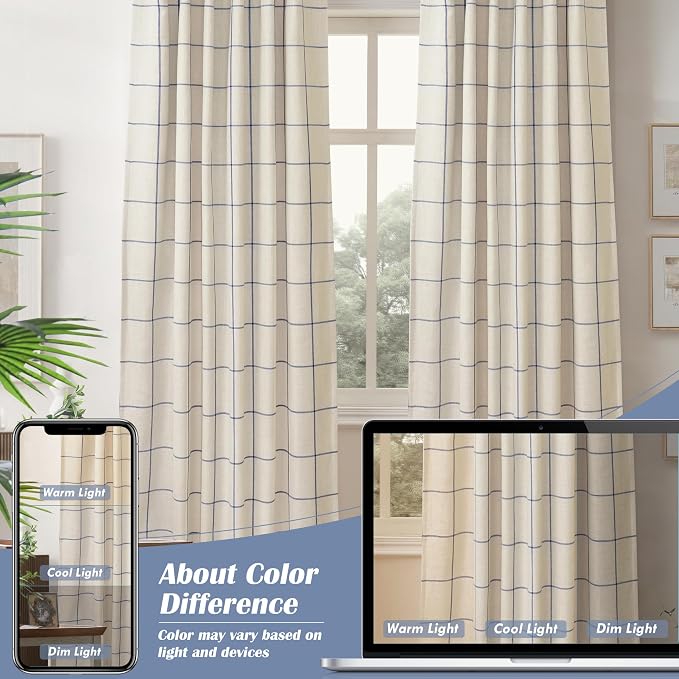 DriftAway 100% Blackout Plaid Curtains 108 Inches Long 2 Panels Navy Blue | 100% Blackout, Linen Texture, Plaid Pattern, Two Layers, Rod Pocket & Back Tab, Bedroom Living Room Use, Luxury Appearance