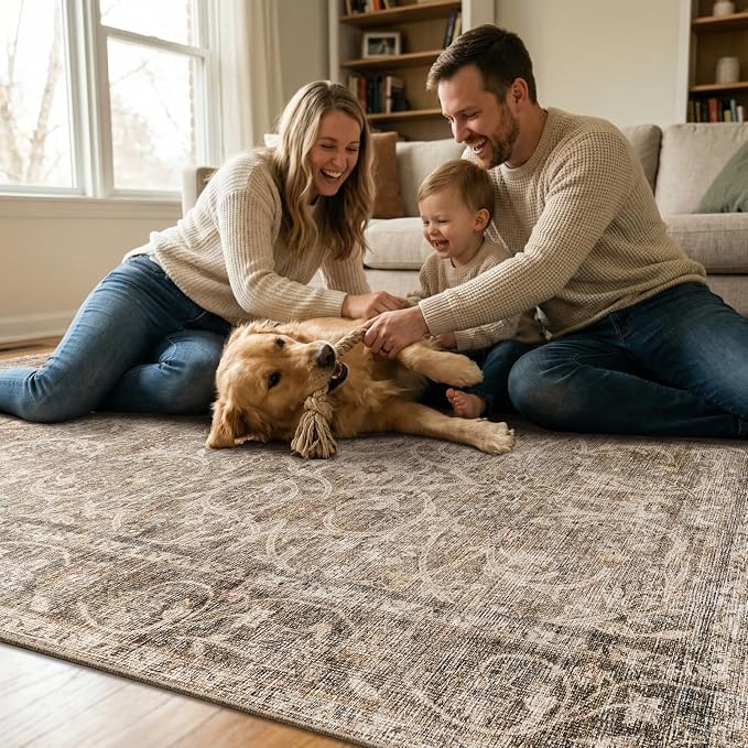 Machine Washable Rugs for Living Room: 4x4 Area Rugs for Bedroom Ultra Soft Non-Slip Low Pile Vintage Boho Large Carpet for High-Traffic Dining Room - Farmhouse Decor