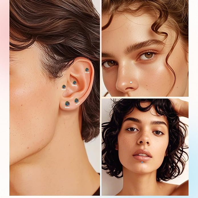 limerencia 18G Hypoallergenic Titanium Opal Threadless Nose Stud Earrings, 2PC Flat Back Push in Stud Earrings Labret Medusa Monroe Helix Cartilage Tragus Conch Piercing Jewelry for Women Men
