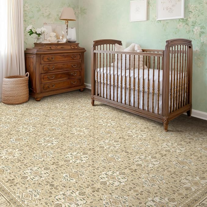 Boho 8x10 Rugs for Living Room Bedroom, Washable Area Rugs for Dining Room Non Slip, Floral Moroccan Pattern Printed Carpet Rug Low Pile Thin for Nursery Playroom Kids Room, Warm Beige