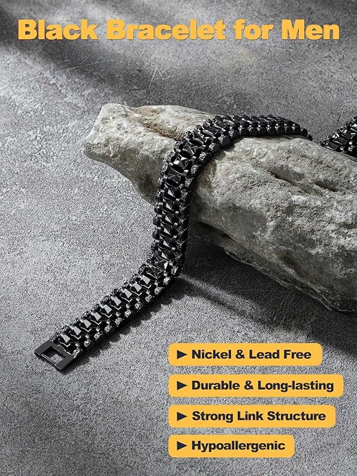 U7 Link Bracelets for Men, Cuban Link/Rope/Watch Band Solid Bracelet, Silver Black Gold Color Wrist Bracelet 3/6/9/12/15mm Width, 6.5/7.5/8.3 Inch Length, Hand Chain Jewelry for Mens Women
