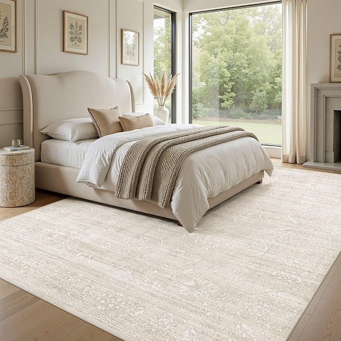 Nakagishi 6x9 Area Rugs Living Room: Washable Large Vintage Rug Neutral Non-Slip Soft Stain Resistant Indoor Carpet for Bedroom Nursery Dining Room Office Playroom - Beige White