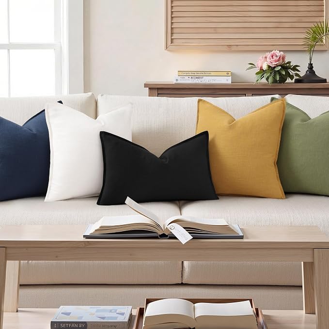 decorUhome Fall Black Linen Throw Pillow Covers 12x20 Set of 2 | Decorative Soft Cozy Modern Farmhouse Boho Accent Pillow Cases with Flange Edges for Couch Bed Sofa Living Room Home Decor