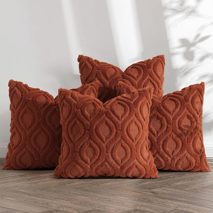 decorUhome Rust Faux Fur Soft Throw Pillow Covers 16X16 Set of 4 | Fall Neutral Decorative Plush Couch Pillow Covers, Accent Modern Farmhouse Neutral Pillow Cases for Sofa Bed Living Room