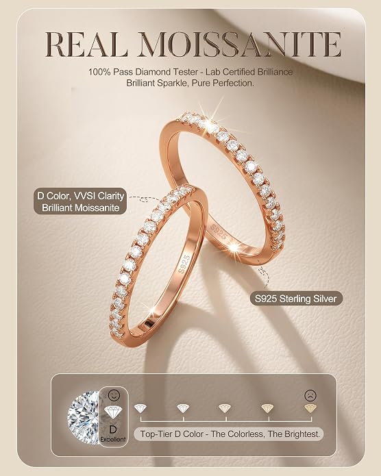 GEMQUEEN 2Pcs Moissanite Rings for Women : 18K White Gold Plated 925 Sterling Silver Engagement Ring Eternity Wedding Band Dainty Moissanite Stackable Jewelry Set D Color VVS1 Clarity Size 4-10