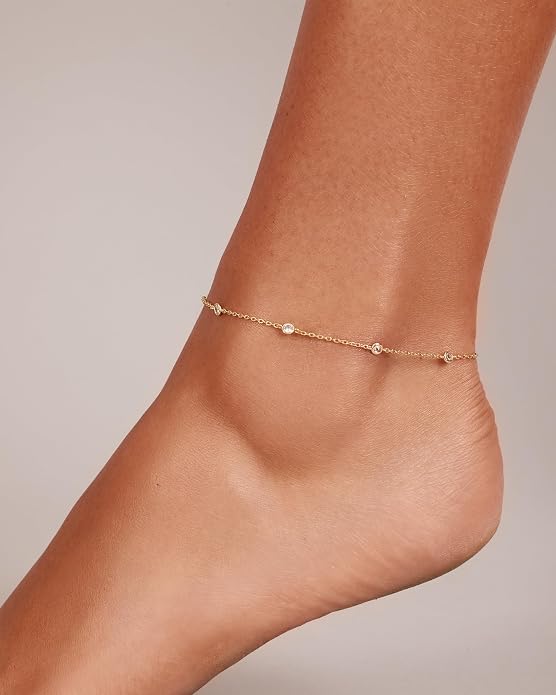 PAVOI 14K Gold Plated Anklet for Women - Trendy Link Chain Ankle Bracelet Summer Jewelry - Boho Dainty Anklets with Cubic Zirconia, Beaded, Evil Eye, Star, Station, Pearls Adjustable Gold Jewelry
